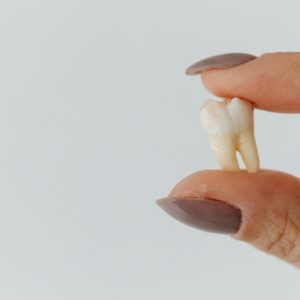 hand with painted fingernails holds a tooth